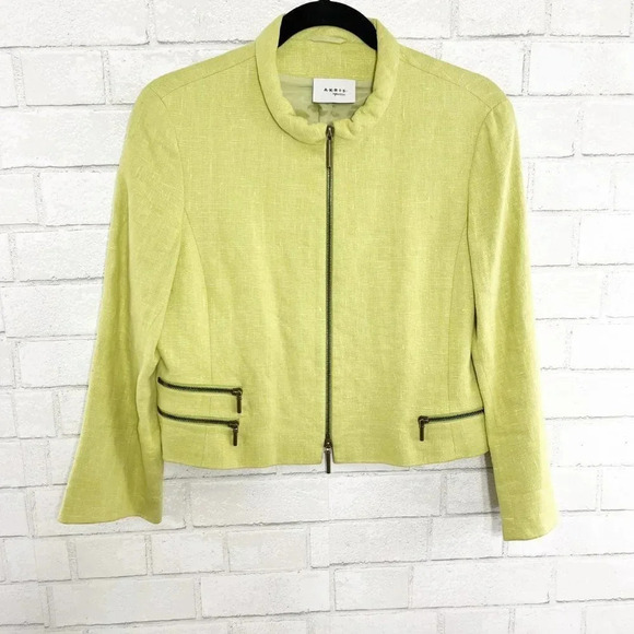 Akris Punto Lime Green 100% Linen Zip Front Blazer Jacket Women's Size 6 - Picture 2 of 9